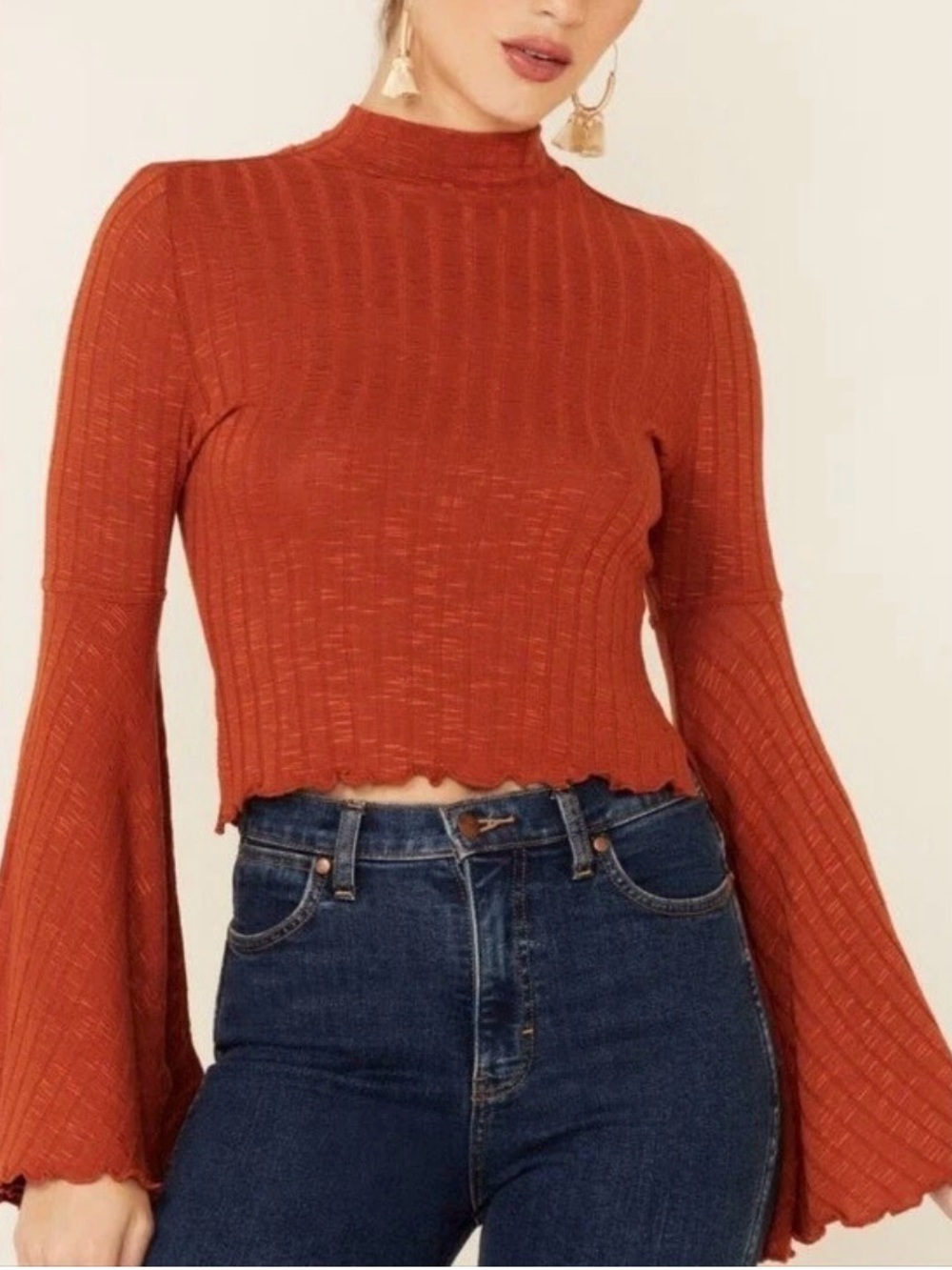 Shyanne Rust Ribbed Mock Neck Bell Sleeve Crop Top L